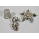 Two Novelty Silver and Marcasite Brooches, Seahorse and Starfish Together with a Silver Thimble