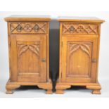 A Pair of Carved Wooden Bedside Cabinets, One Missing Knob, 42cm wide