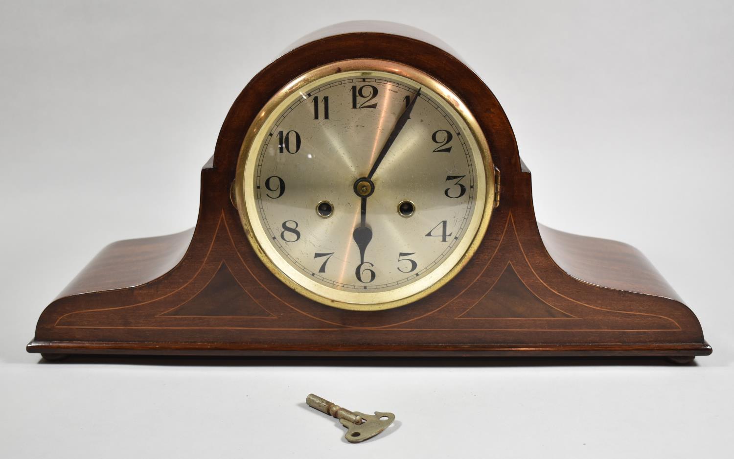 A Mid 20th Century String Inlaid Mahogany Napoleon Hat Mantle Clock with Ting-Tang Movement, 50cm