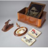 A Wooden Box Containing Mirrored Photograph of Elvis Presley, Aircraft Coasters, Carved Wall Hanging