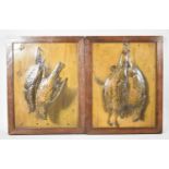 A Pair of Wall Hanging Pressed Leather Effect Continental Panels of Hanging Game, After Mene, 36cm