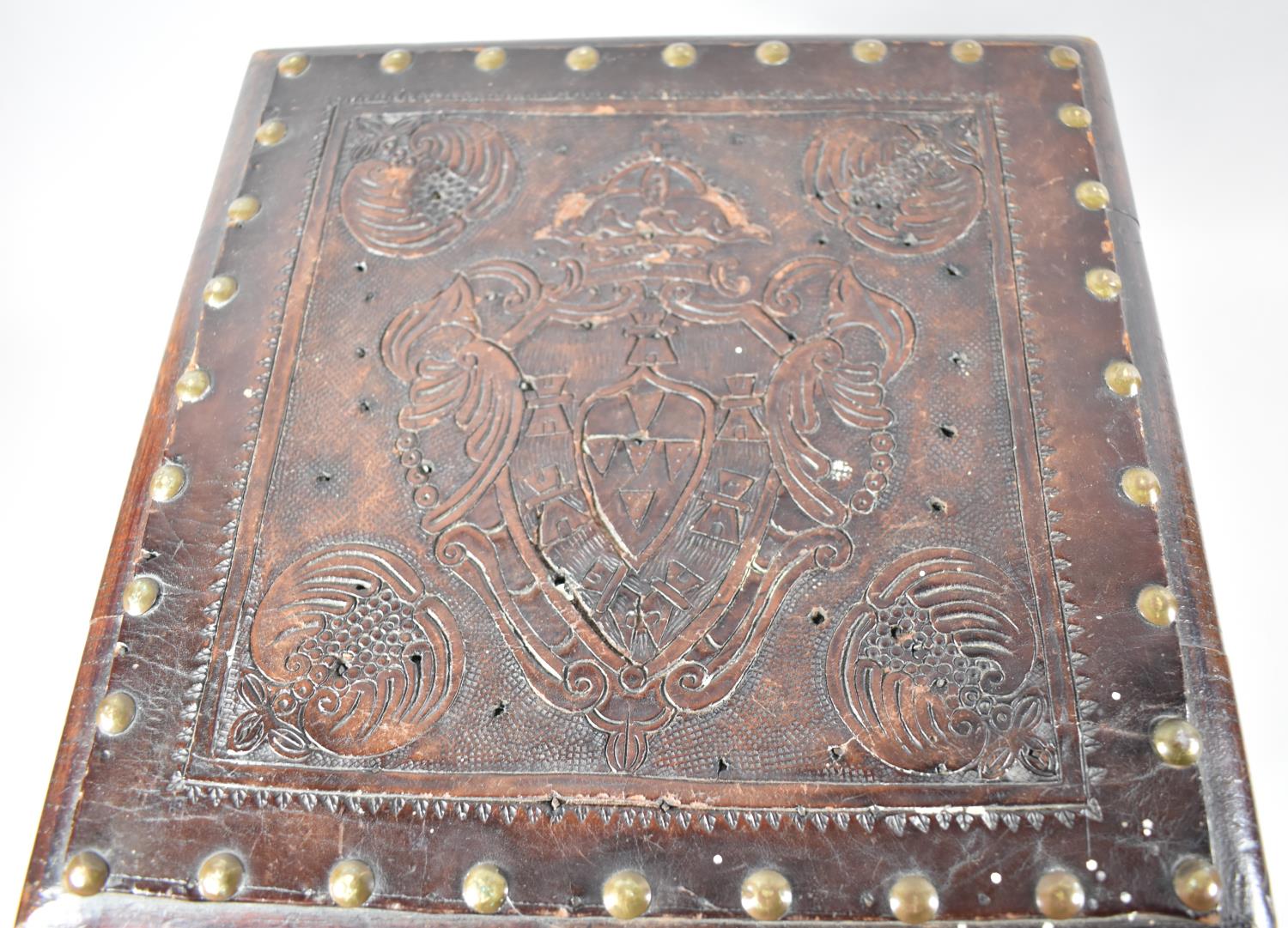 A Square Topped Tooled Leather Mounted Country Stool with Brass Studwork and Armorial Design, 34.5cm - Image 2 of 2
