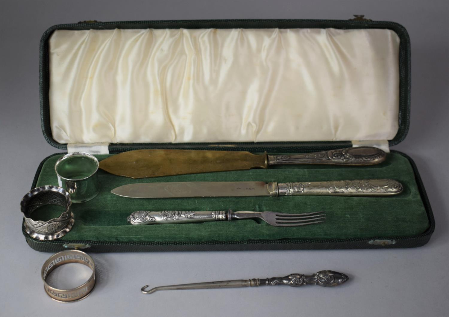 A Collection of Silver and Silver Plated Items to Include Button Hook, Fork, Silver Handled