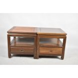 A Pair of Oriental Hardwood Square Occasional Two Tier Tables with Base Drawers, 56cm