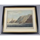 A Framed Coloured Engraving, "A View of Sugarloaf Point, St Helena. A Ship Sending a Boat on