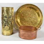 A Circular Pressed Brass Stick Stand, Copper Two Handled Cooking Pot and Brass Charger