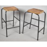 A Pair of Grey Painted Metal Square Topped Industrial Stools