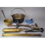 A Box Containing Brass Jam Kettle, Garden Spray, Brass Fire Extinguisher, Machete, Hunting Knife etc