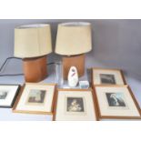 Two Modern Leather Table Lamps and Shades and Collection of Prints