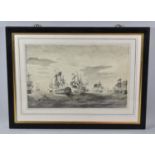 A Framed 19th Century Monochrome Ink Wash Depicting British Naval Battle, 40cm Wide