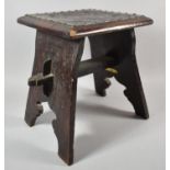 A Square Topped Tooled Leather Mounted Country Stool with Brass Studwork and Armorial Design, 34.5cm