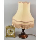 A Turned Wooden Table Lamp and Shade Together with an Acctim Carriage Clock with Quartz Movement