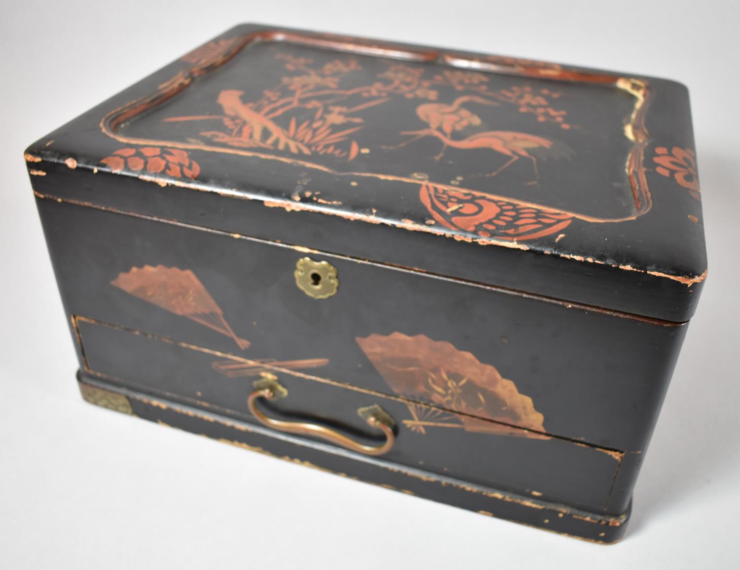 A Chinese Lacquered Work Box with Hinged Lid to Removable Fitted Tray and Base Drawer, Decorated