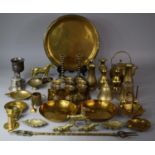 A Collection of Various Brassware to Include Ornaments, Plate, Vases, Candlesticks Etc