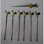 A Set of Six Cased Silver and Enamel Olive Sticks with Finials in the Form of Cockerels Together