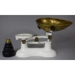 A Set White Enamelled Kitchen Scales with Brass Pan and Two Sets of Weights