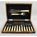 A Cased Bone Handled and Silver Plated Set of Six Fish Knives, Forks and Servers
