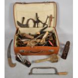 A Vintage Suitcase Containing Various Carpenters and Workshop Tools to Include Record and Acorn