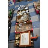 Five Boxes of Various Ceramics, Glassware, Metalwares, Hockey Stick, Picture and Mirror