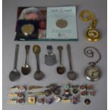 A Collection of Various Enamelled Badges Souvenir Teaspoons, Modern and Vintage Pocket Watches,
