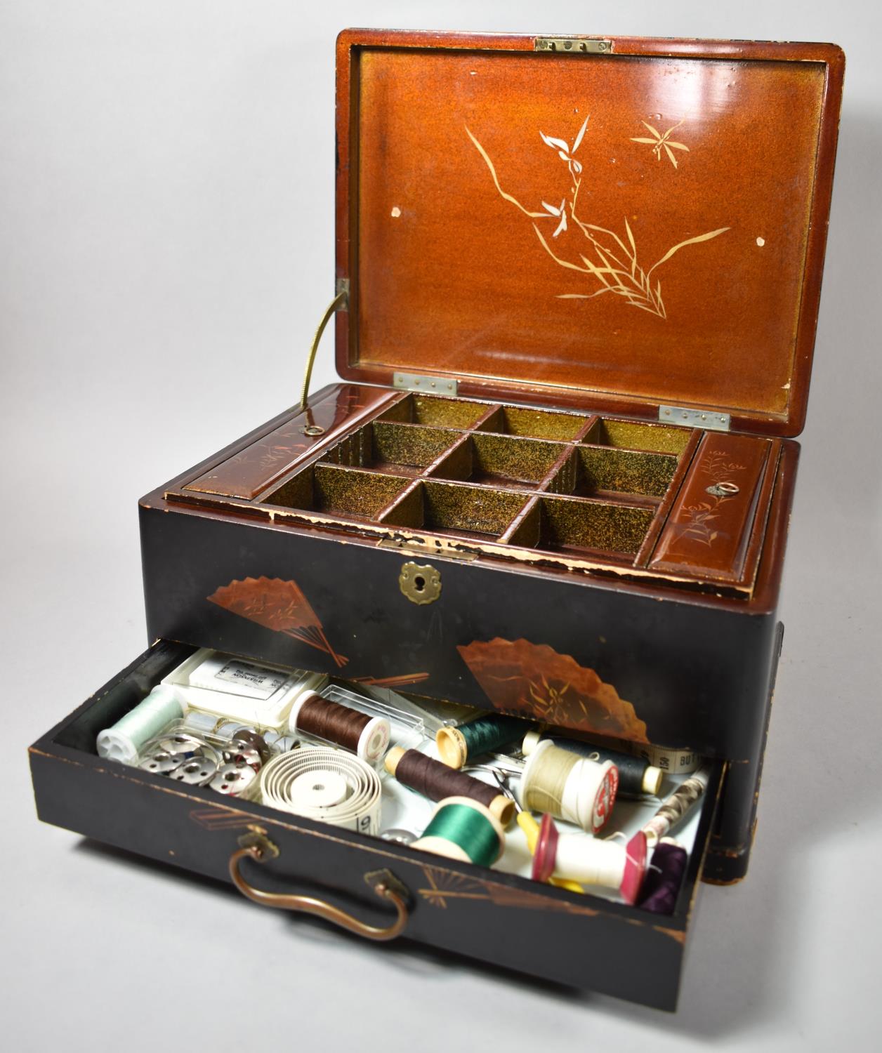 A Chinese Lacquered Work Box with Hinged Lid to Removable Fitted Tray and Base Drawer, Decorated - Image 2 of 2