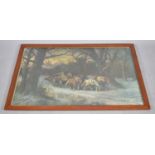 A Large Framed Print of Heavy Horses Hauling Tree Trunks from Forest, 101cm wide