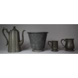 A Collection of 19th Century Pewter Items to Include Coffee Pot, Two Tankards and a Wine Cooler