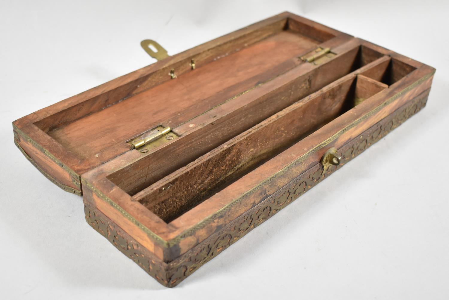 A Far Eastern Brass Mounted Scribe's Pen Box with Three Section Interior, 29cm wide - Image 2 of 2