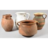 A White Glazed Jug, Banded Terracotta Jug, Two Handled Cooking Pot and a Vase
