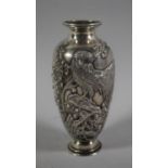 A Good Quality Chinese Silver Vase Stamped for Wang Hing Decorated in Relief with Birds on Branch,