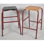 A Pair of Red Painted Metal Square Topped Industrial Stools