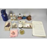 A Collection of Curios to Include Oil Lamps, Brass Padlock, Calendar, Pub Handles Mead Decanters etc