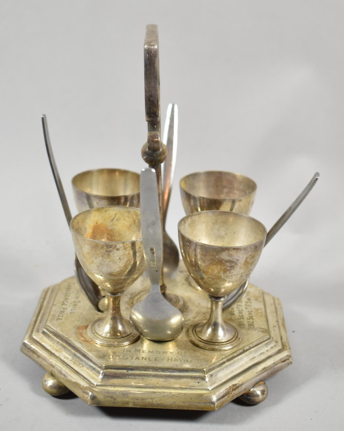 An Edwardian Silver Plated Presentation Four Cup Egg Cruet, Gun Drill Challenge Prize in Memory of - Image 2 of 5