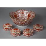 A Collection of Coral Red and Gilt Decorated Chinese Ceramics to Include Four Lobed Lidded Pots