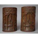 A Pair of 20th Century Chinese Bamboo Brush Pots Carved in Relief with Scholars in Forest, Each 16cm