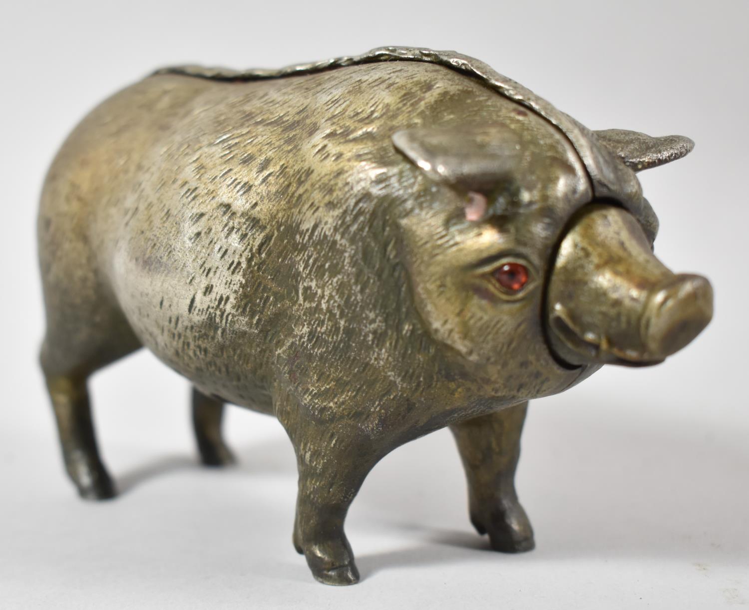 An Edwardian Silver Plated Novelty Table Bell Modelled as a Pig with Hinged Snout, Curly Tail and