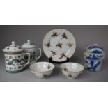 A Collection of Oriental Ceramics to Include Butterfly Decorated Tea Bowls and a Plate, Two Lidded