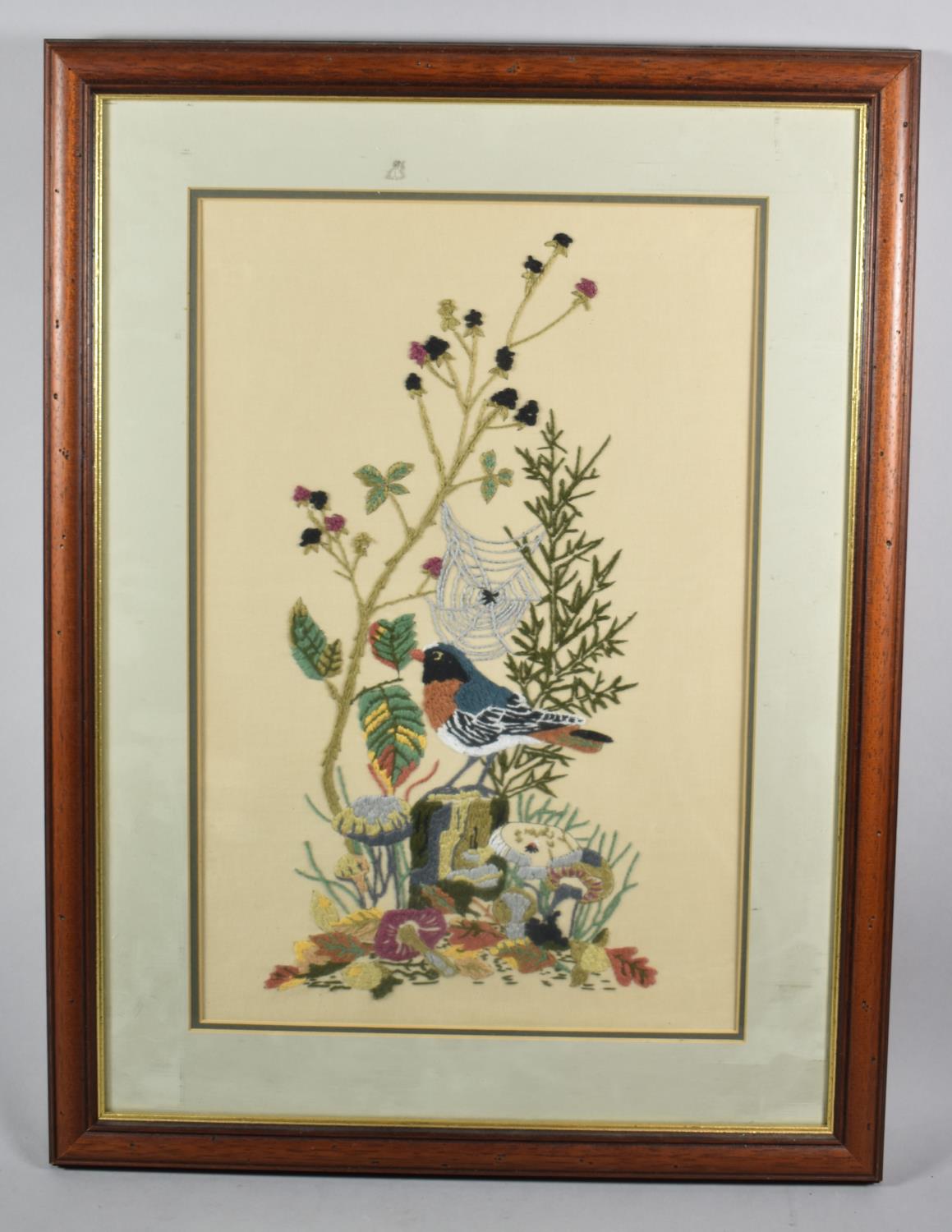 A Modern Framed Embroidery, Chaffinch on Tree Stump, 44cm High