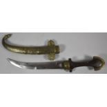 A Persian Wooden Handled Curved Blade Dagger with Brass Scabbard, 39cm long