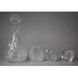 A Waterford Decanter, Tumbler and Two Orrefors Candle Holders