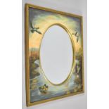 A Framed Oval Mirror with Painted Surround Depicting Ducks, 78cm wide and 93cm high
