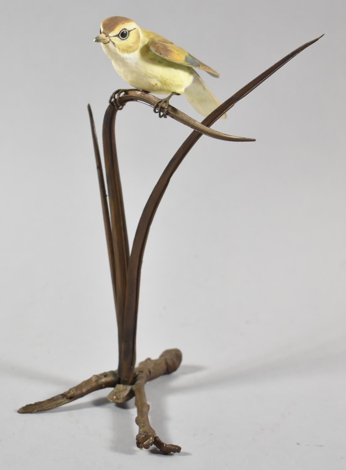 A Bronze and Ceramic Royal Worcester Study of Bird on Reed, Tiny Nick to End of Beak, 21cm high