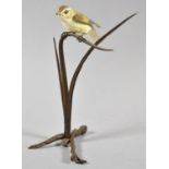 A Bronze and Ceramic Royal Worcester Study of Bird on Reed, Tiny Nick to End of Beak, 21cm high