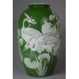 A Large Green Glazed Japanese Fukugawa Vase Decorated with Storks, 33cm high, Signed to Base (AF)