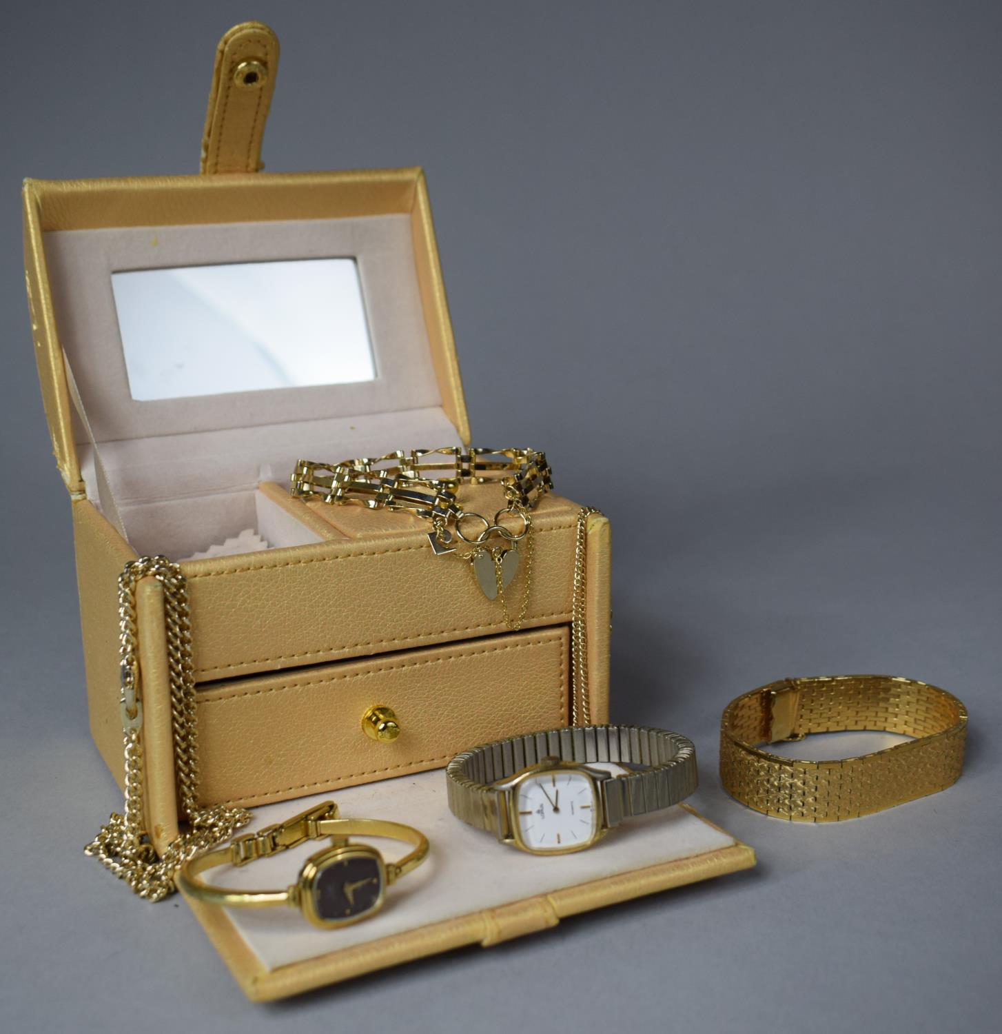 A Small Novelty Jewellery Box to Containing Two Gold Plated Bracelets, Limit and Lotus Ladies