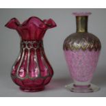 A Cranberry Glass Vase with Wavy Rim and a White Metal Mounted Hand Blown Glass Vase, 14.5cm High