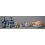 A Pair of Blue and White Oriental Nodding Head Figures, Continental Figures, Cup and Saucer etc