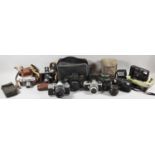 A Collection of Various Vintage 35mm Cameras, Leather Cased Camera etc