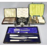 A Collection of Various Cased Cutlery, Carving Set, Pewter Cruet Set