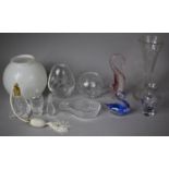 A Collection of Various Glassware to include Royal Scott Crystal Vase, Oil Lamp Shade, Bird